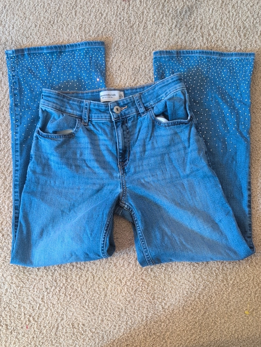 abercrombie kids Denim High Rise Wide Leg Jeans with Rhinestone Detail - Blue